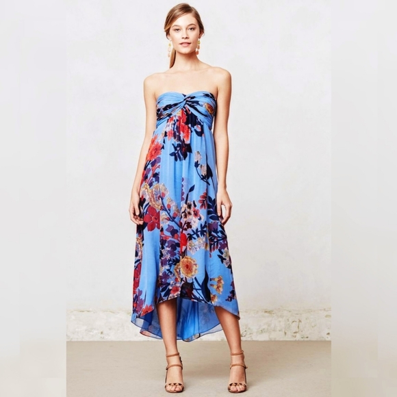 Anthropologie Dresses & Skirts - Anthropologie Tracy Reese 100% Silk Strapless Blue Floral Maxi Cocktail Dress 2
